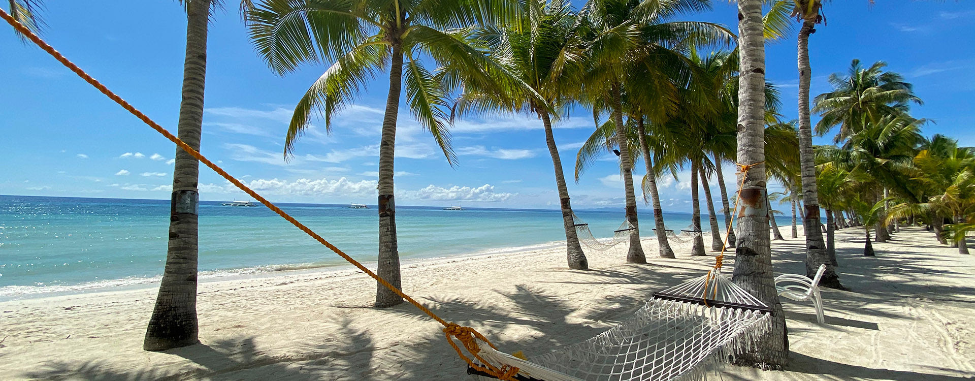 Relaxing hammock in a palm forest close-up, Beautiful white sandy beach