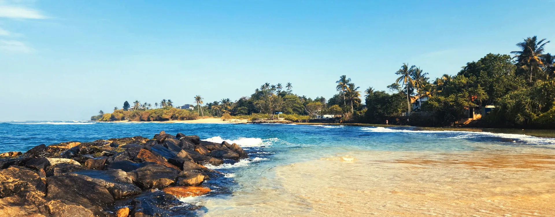 Beautiful palm-fringed Mirissa Beach in Sri Lanka
