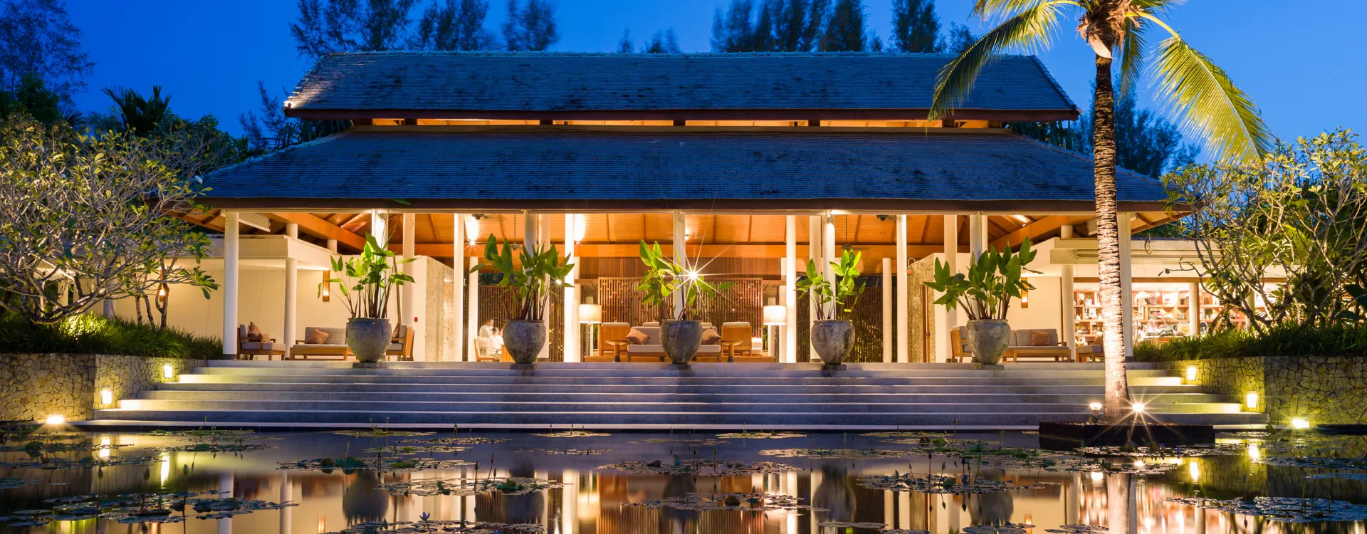 Glowing lights in the lobby of The Sarojin Hotel Phuket Thailand